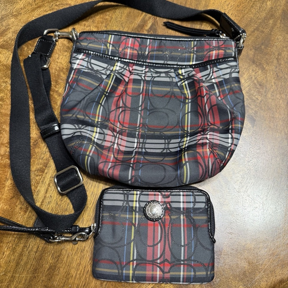 Coach poppy glitter tartan plaid crossbody purse bag and wallet wristlet Set Y2K